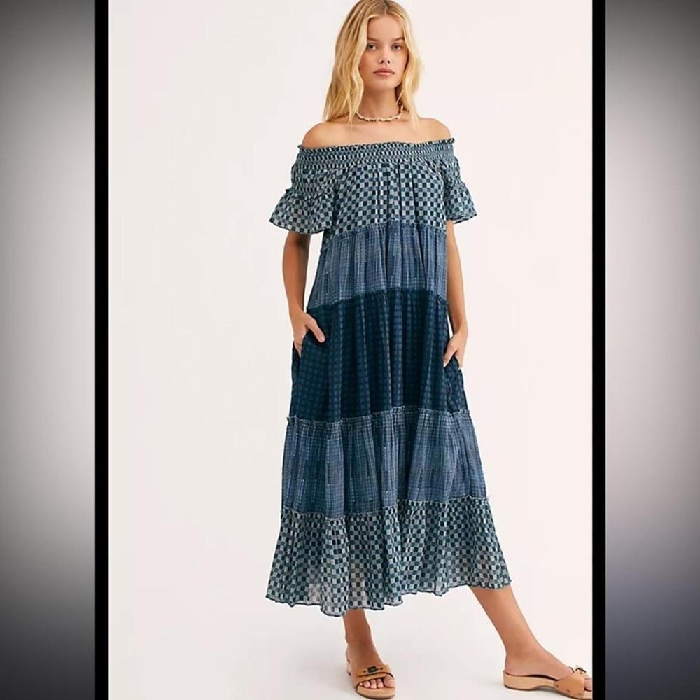 Free People Blue Patchwork Off-Shoulder Barclay Maxi Dress